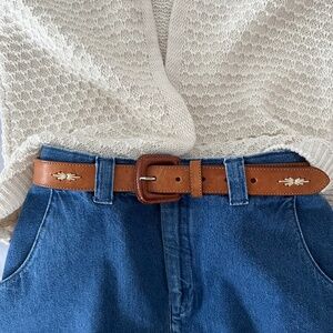 Cognac Leather Belt With Starburst Embroidery Detail | Women’s Size M